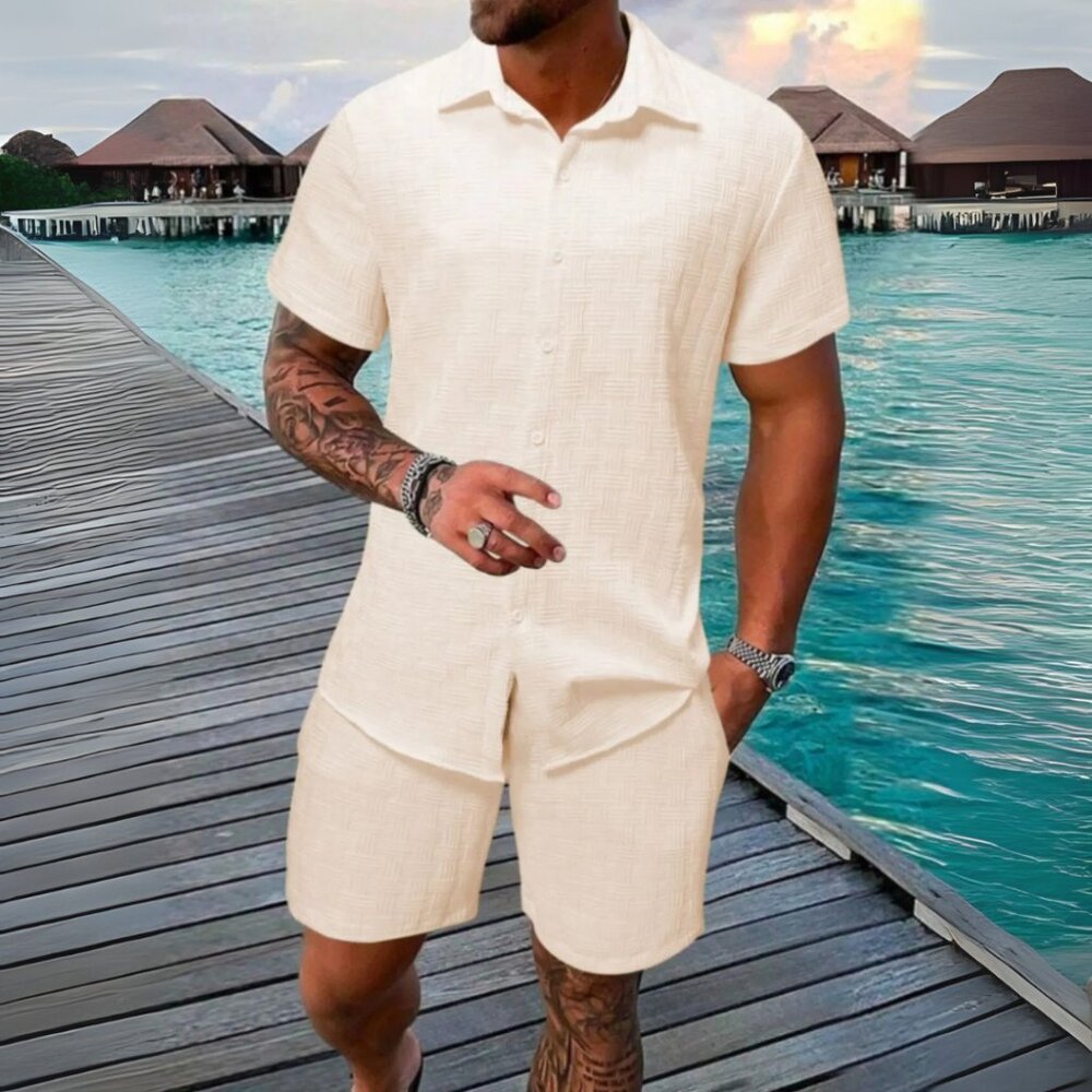 Men's Tan Collared Neck Short Sleeve Top & Shorts Resort Outfit